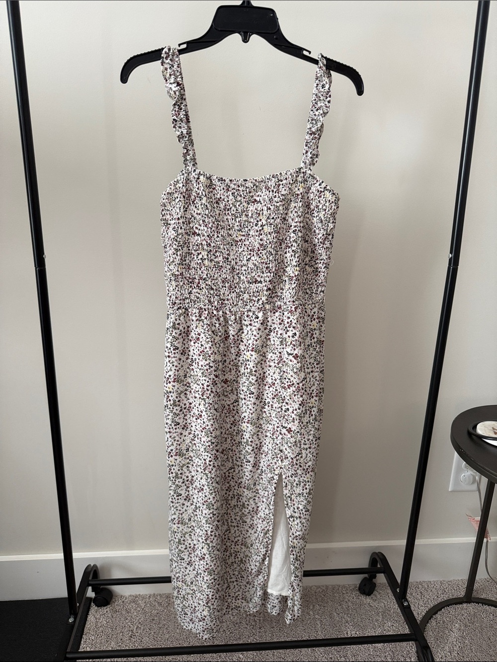 Abercrombie Floral Smocked Maxi Dress with Side Slit - White/Pink